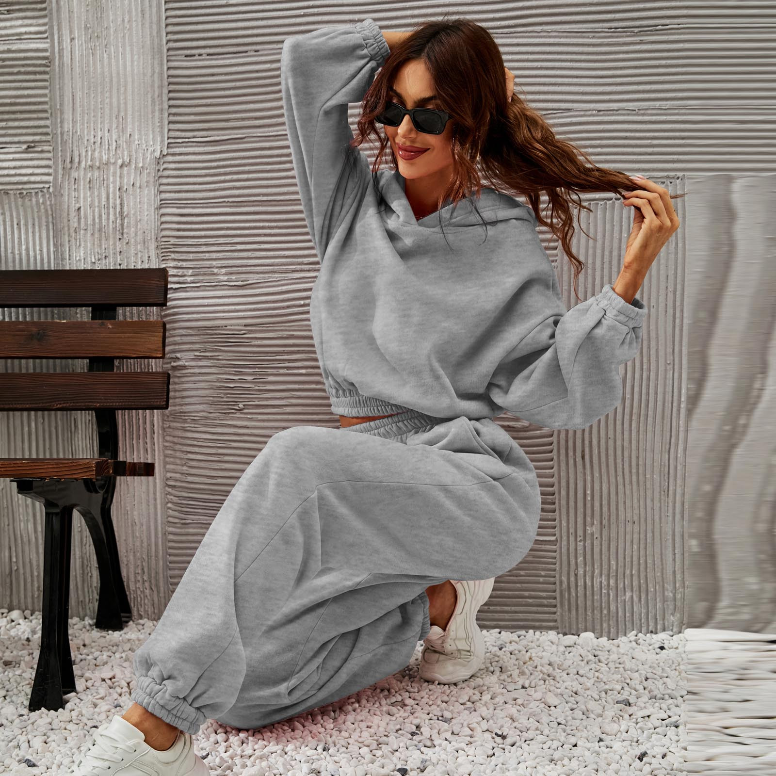 Olyvenn Two-Pieces Hoodie Long Sleeve Sweatshirt + Sweatpants Elastic  Trousers Suit Womens Loose Casual Cutumn And Winter Solid Color Pullover  Female Leisure Gray XL 